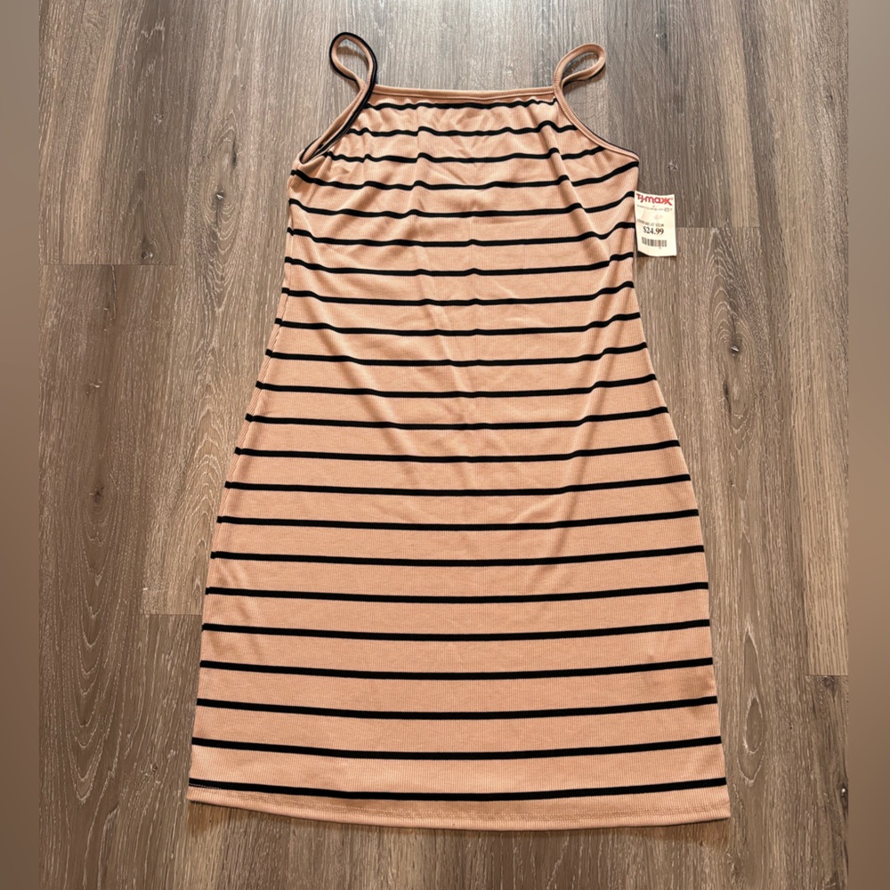 Elegant Tan and Black Striped Mini Dress